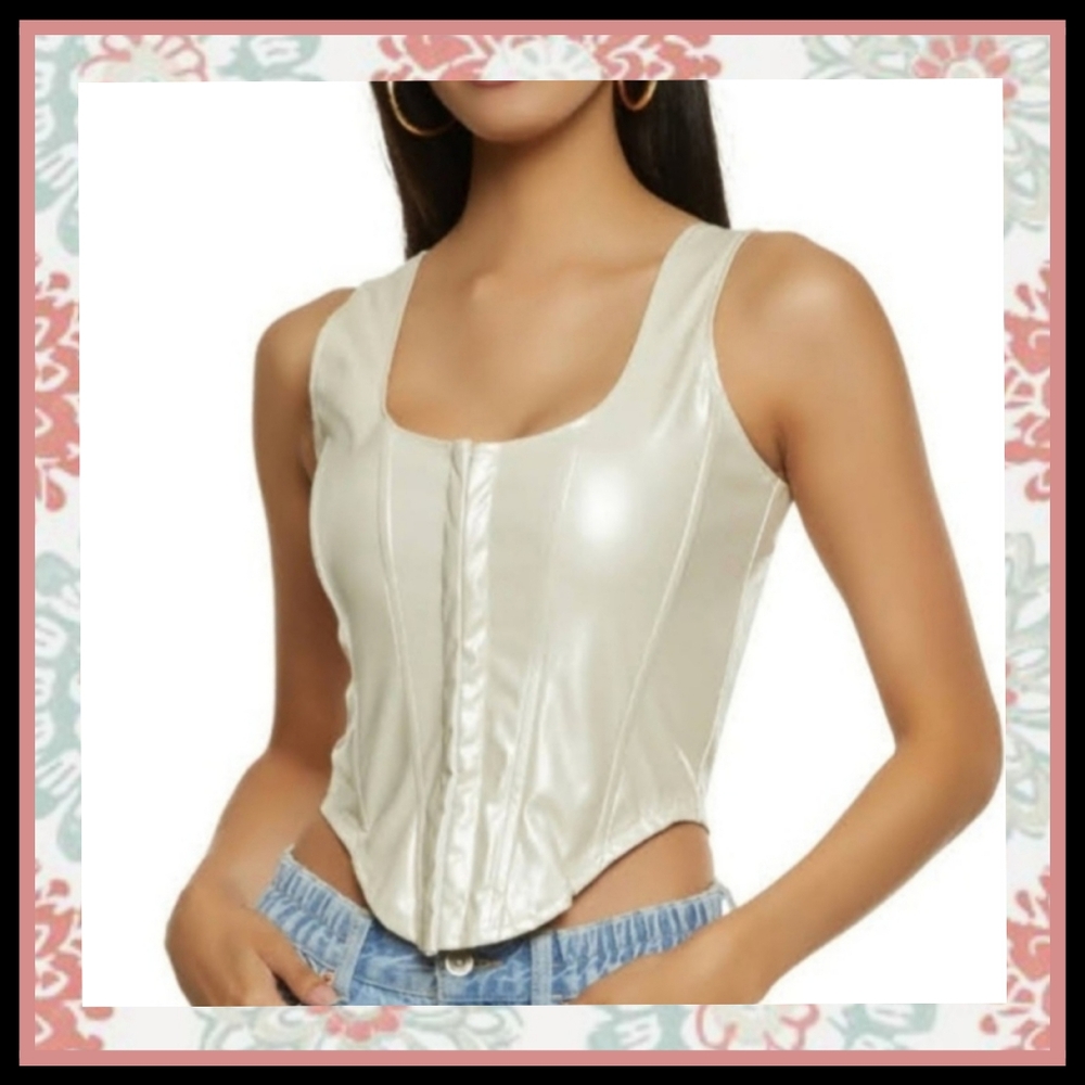 PEARLY ☆ FAUX LEATHER ☆ HOOK & EYE ☆ BUSTIER TOP ☆ M ☆ NWOT
